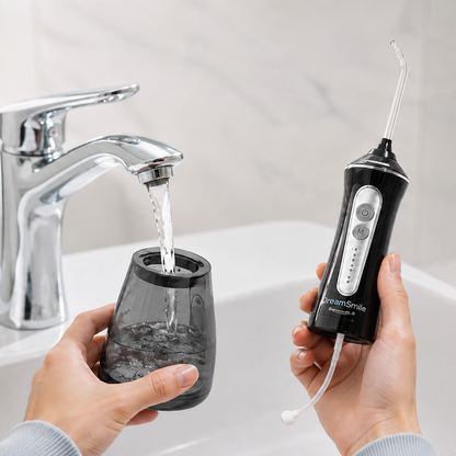 Depósito de 300 ml del Water Flosser DreamSmile llenándose con agua